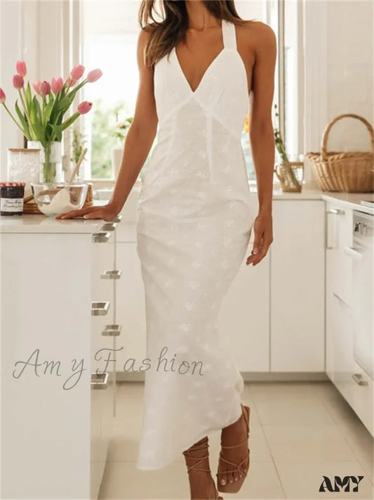 Amy Fashion - Sexy Women Summer Sleeveless V Neck Halter Off Shoulder Lace Embroidery Backless