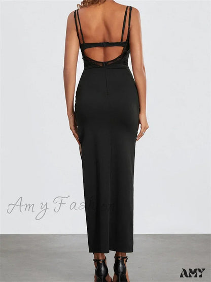 Amy Fashion - Sexy Women Summer Slim Sleeveless Lace Patchwork Low Cut Cutout Side High Split Party