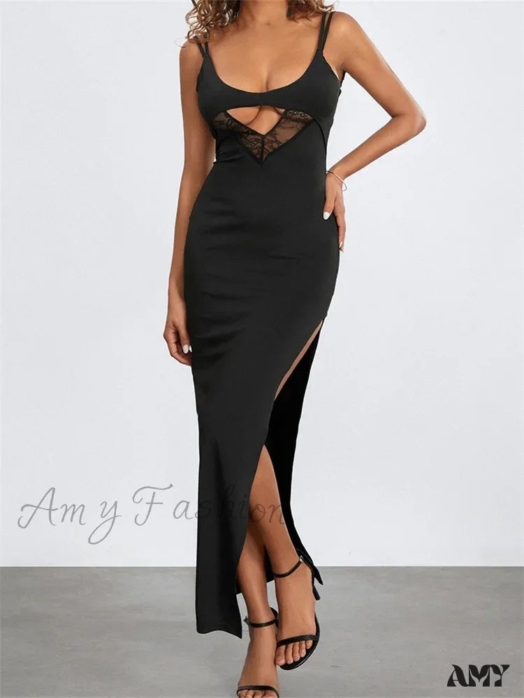 Amy Fashion - Sexy Women Summer Slim Sleeveless Lace Patchwork Low Cut Cutout Side High Split Party