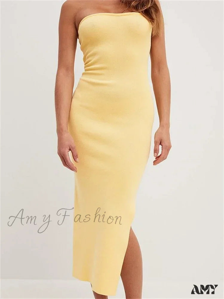 Amy Fashion - Sexy Women Tube Solid Strapless Off Shoulder Backless Summer Side Split Party Knitted