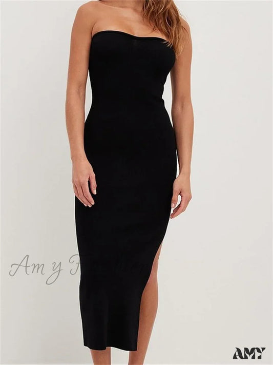 Amy Fashion - Sexy Women Tube Solid Strapless Off Shoulder Backless Summer Side Split Party Knitted