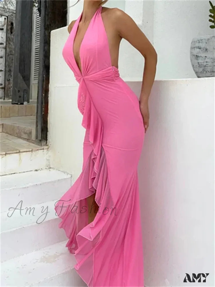 Amy Fashion - Sexy Women Y2K Ruffles Deep V-Neck Halter Backless Split Beach Party Club Outfits