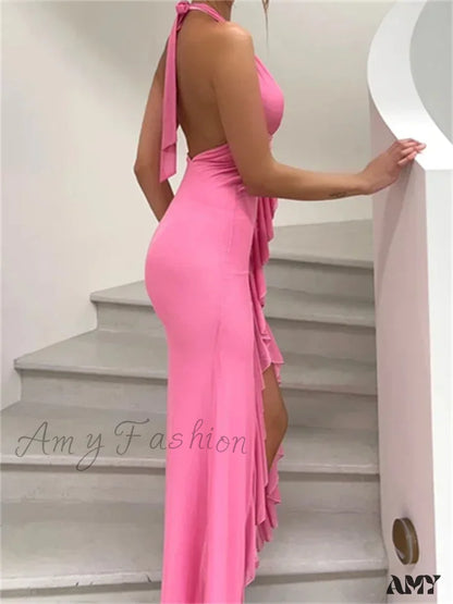 Amy Fashion - Sexy Women Y2K Ruffles Deep V-Neck Halter Backless Split Beach Party Club Outfits