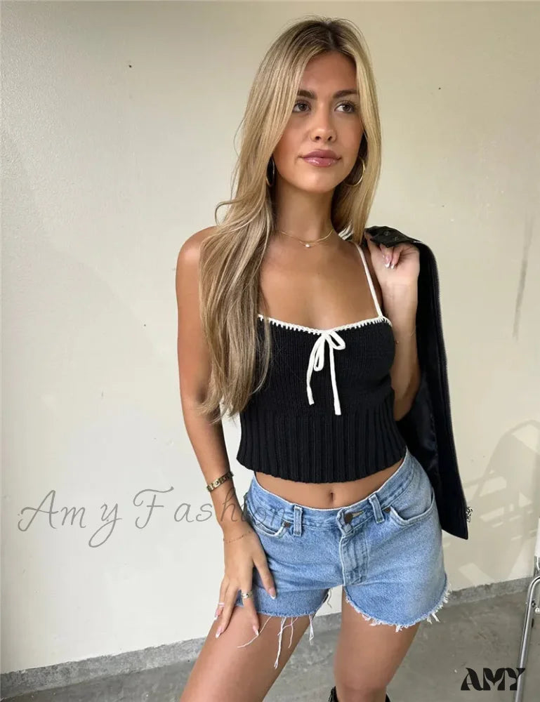 Amy Fashion - Sexy Y2K Spaghetti Strap Knitted Bow Patchwork Camis Crop Top