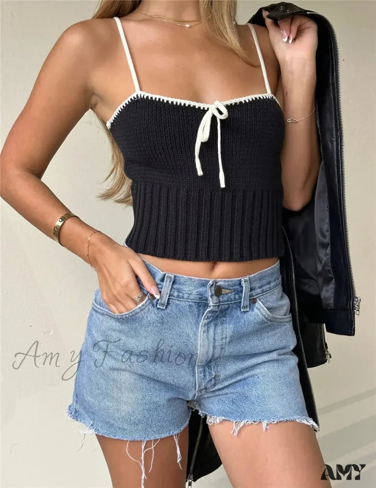 Amy Fashion - Sexy Y2K Spaghetti Strap Knitted Bow Patchwork Camis Crop Top Black / S