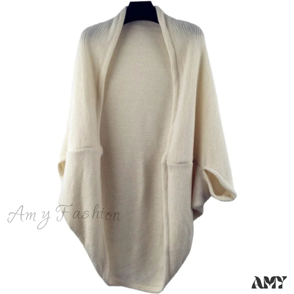 Amy Fashion - Shawl Bat Sleeve Loose Knitted Sweater Cardigans Beige / One Size