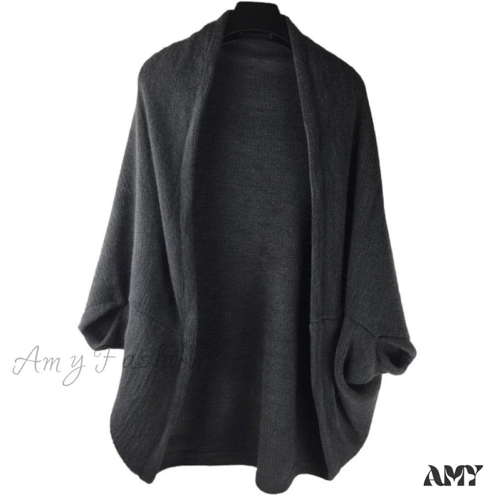 Amy Fashion - Shawl Bat Sleeve Loose Knitted Sweater Cardigans Gray / One Size