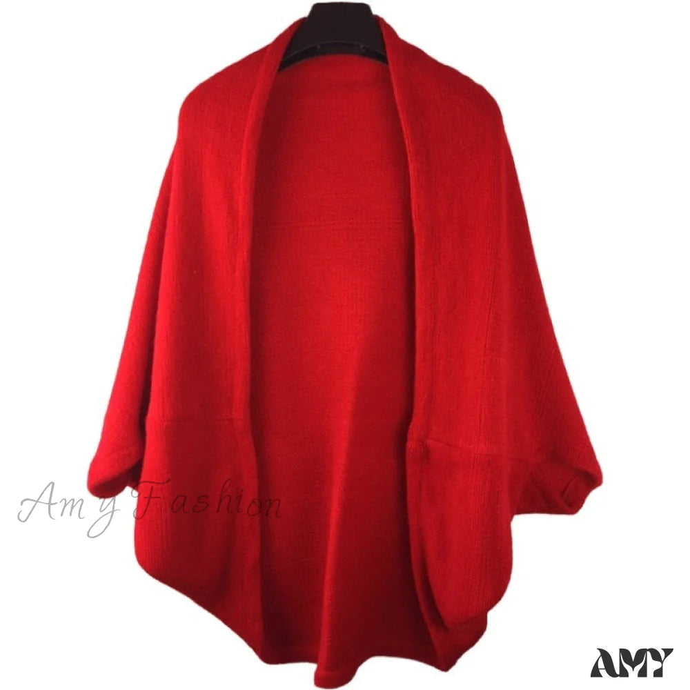 Amy Fashion - Shawl Bat Sleeve Loose Knitted Sweater Cardigans Red / One Size