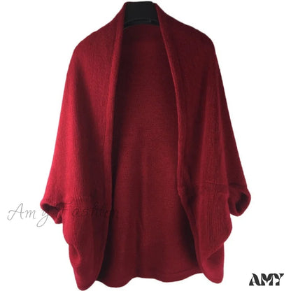 Amy Fashion - Shawl Bat Sleeve Loose Knitted Sweater Cardigans Wine Red / One Size