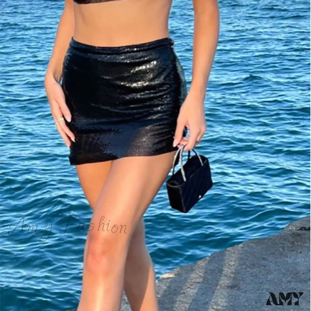 Amy Fashion - Shiny Hollow Out Split Metal Sequins Solid See Through Skirt