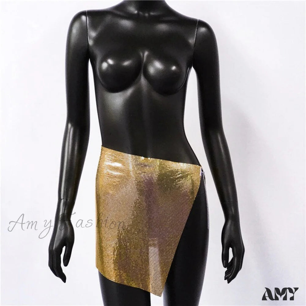 Amy Fashion - Shiny Hollow Out Split Metal Sequins Solid See Through Skirt Gold / S