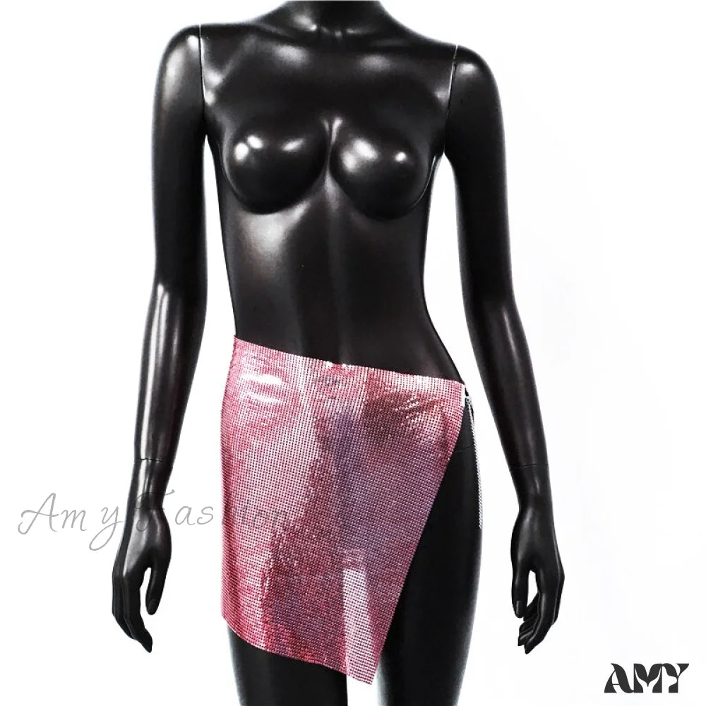 Amy Fashion - Shiny Hollow Out Split Metal Sequins Solid See Through Skirt Pink / S