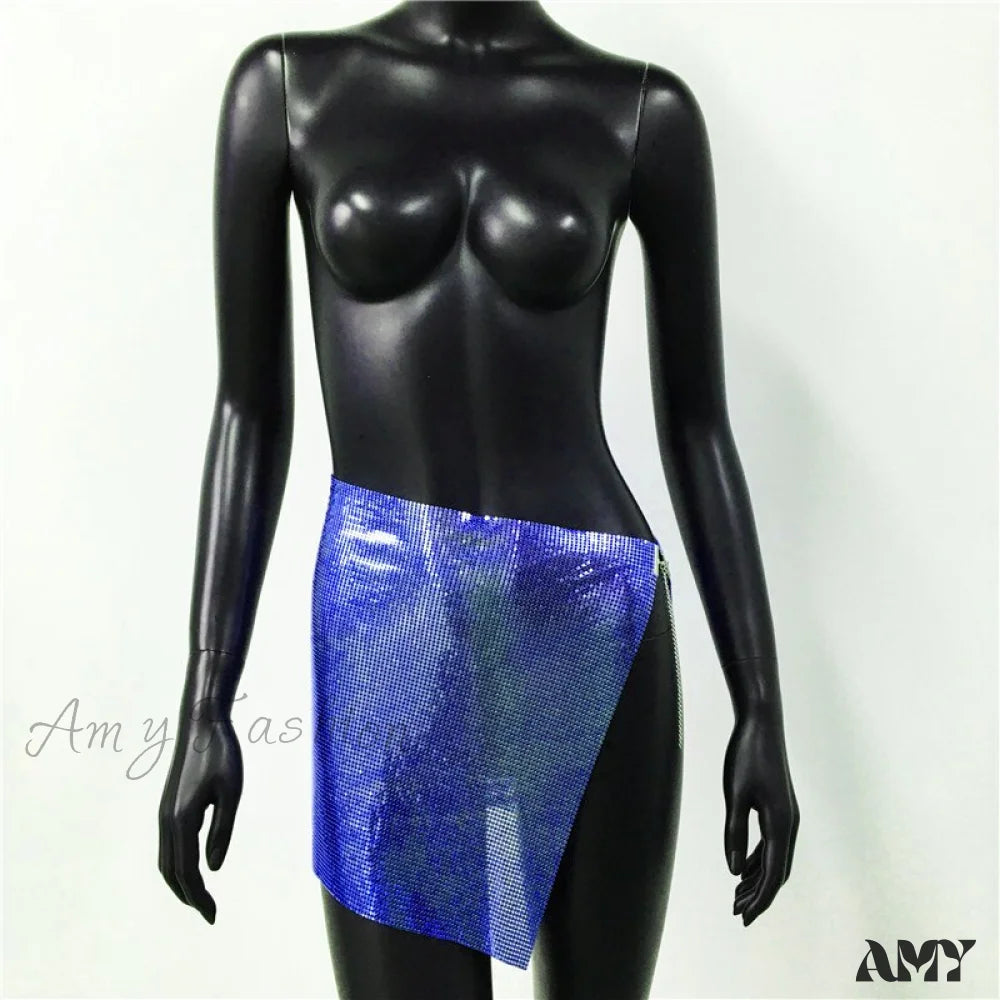 Amy Fashion - Shiny Hollow Out Split Metal Sequins Solid See Through Skirt Royal Blue / S