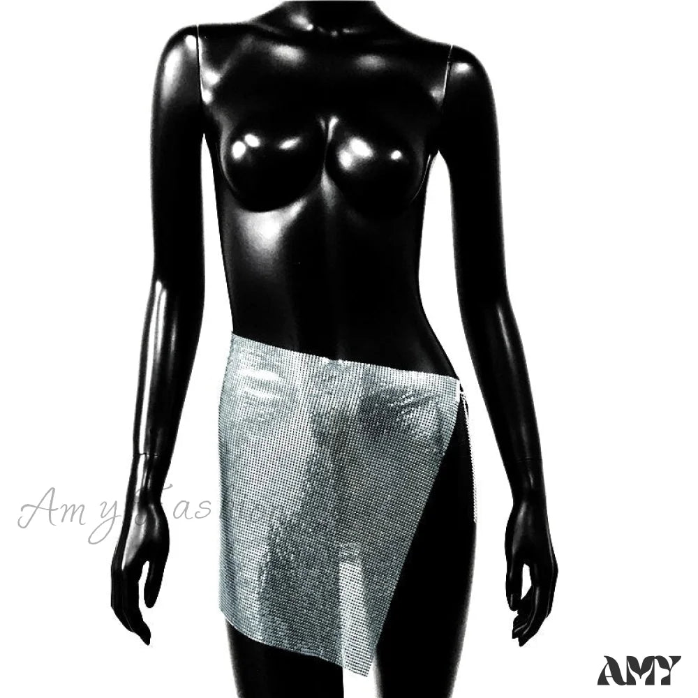 Amy Fashion - Shiny Hollow Out Split Metal Sequins Solid See Through Skirt Silver / S