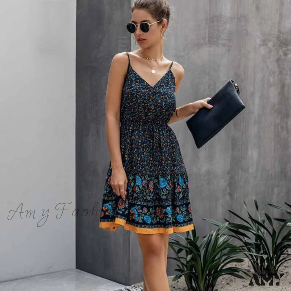 Amy Fashion - Short Backless Slip Elastic Waist Sleeveless Dresses 0192 Navy / Xxl