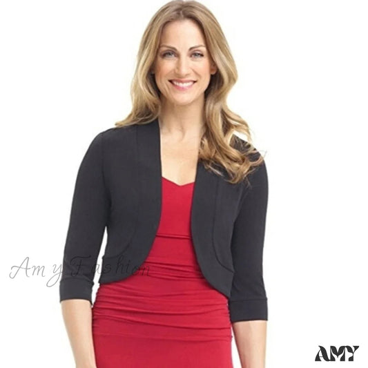 Amy Fashion - Short Shrug 3/4 Sleeve Cropped Bolero Sweater Cardigan