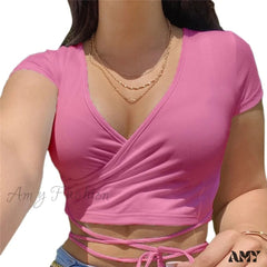 Amy Fashion - Short Sleeve Crop Tops Pink / S