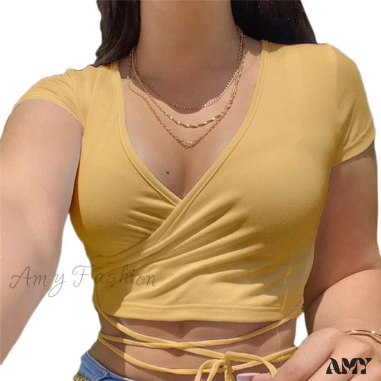 Amy Fashion - Short Sleeve Crop Tops Yellow / S