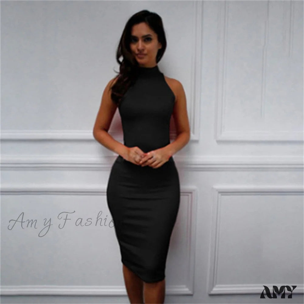 Amy Fashion - Short Sleeve O-Neck Midi Dress Black-1 / S