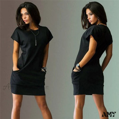 Amy Fashion - Short Sleeve O-Neck Midi Dress Black-D / S