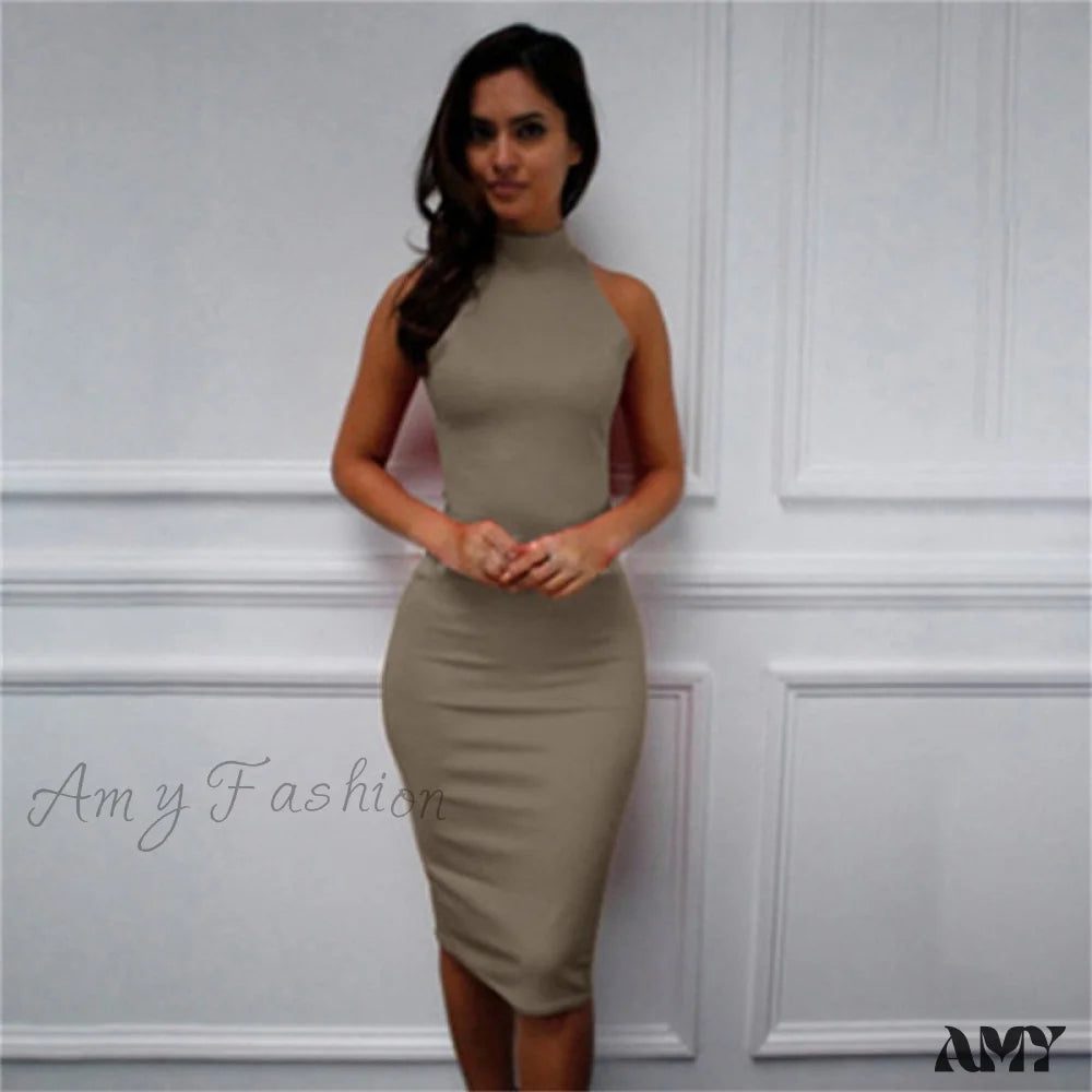 Amy Fashion - Short Sleeve O-Neck Midi Dress Khaki -1 / S