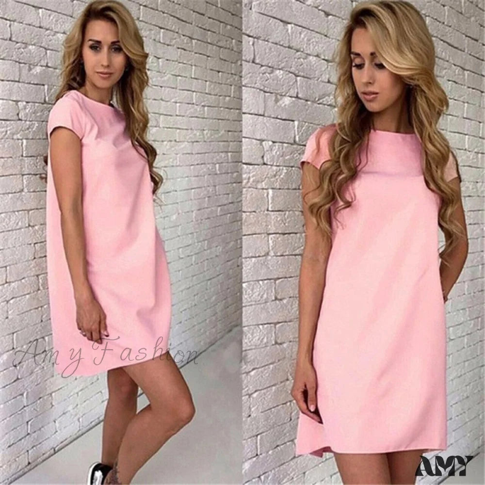 Amy Fashion - Short Sleeve O-Neck Midi Dress Pink-E / S