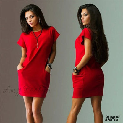 Amy Fashion - Short Sleeve O-Neck Midi Dress Red-D / S