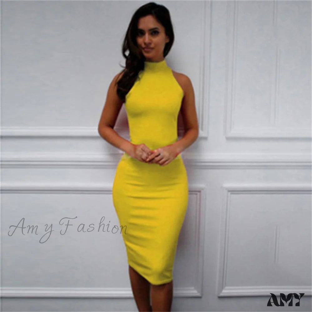 Amy Fashion - Short Sleeve O-Neck Midi Dress Yellow-1 / S