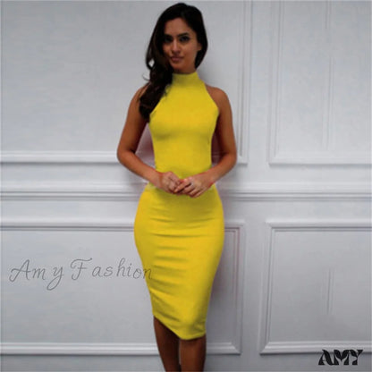 Amy Fashion - Short Sleeve O-Neck Midi Dress Yellow-1 / S