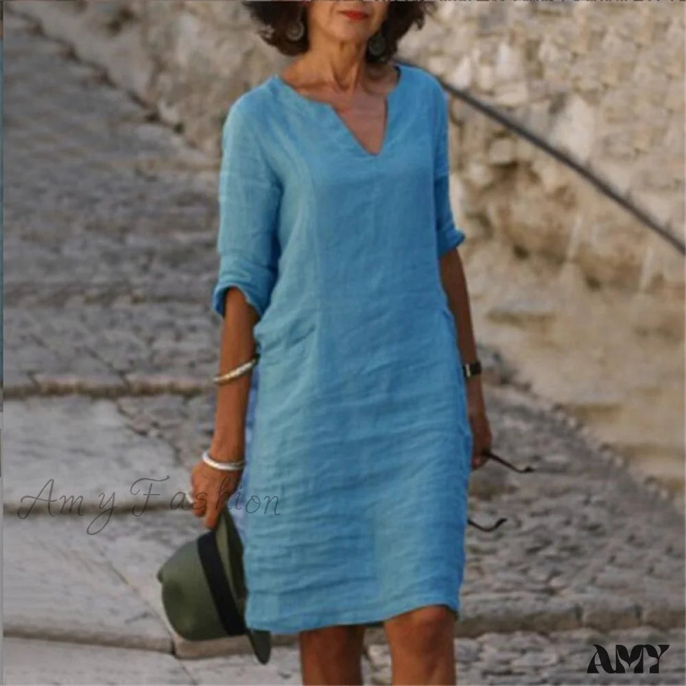 Amy Fashion - Short Sleeve Solid V Neck Baggy Dress 10 / 2Xl