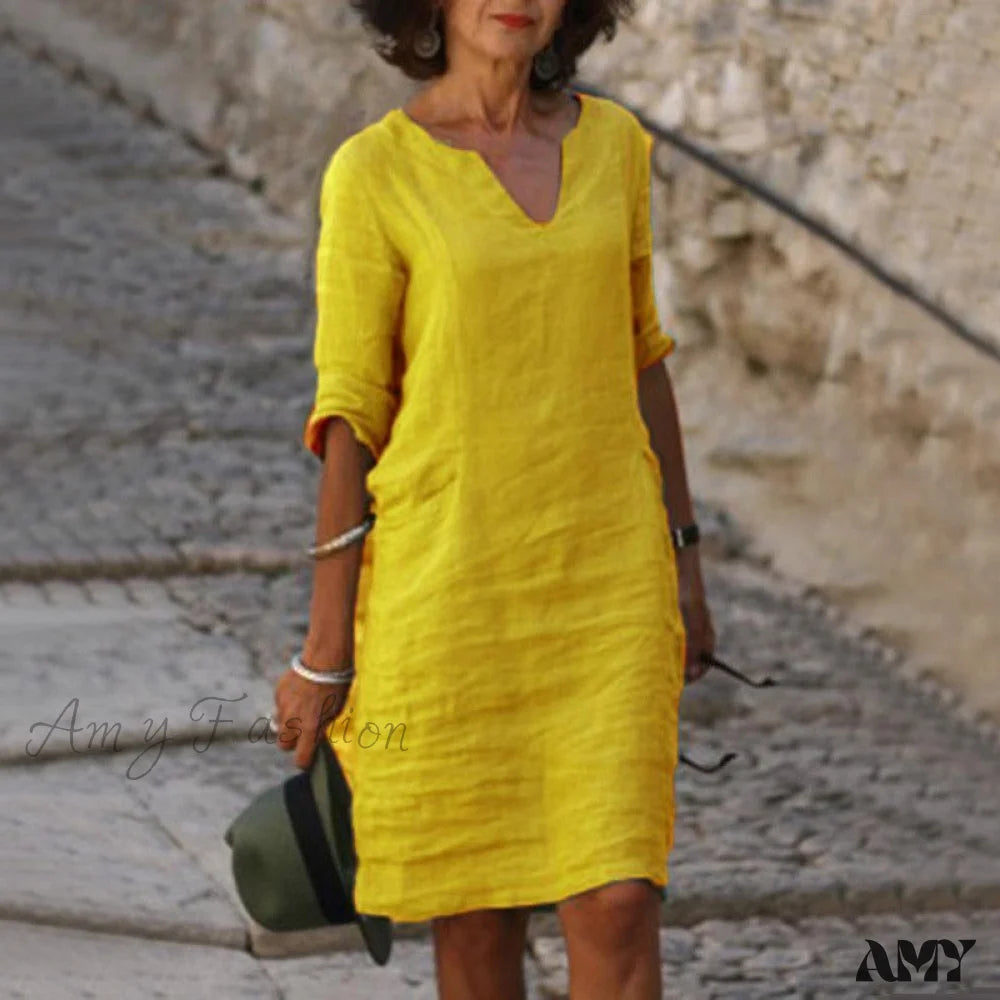 Amy Fashion - Short Sleeve Solid V Neck Baggy Dress 13 / 2Xl