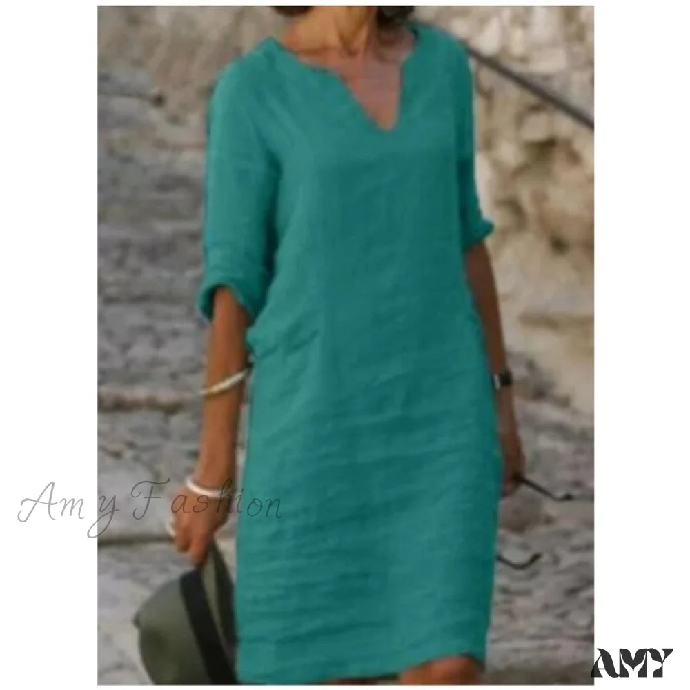 Amy Fashion - Short Sleeve Solid V Neck Baggy Dress