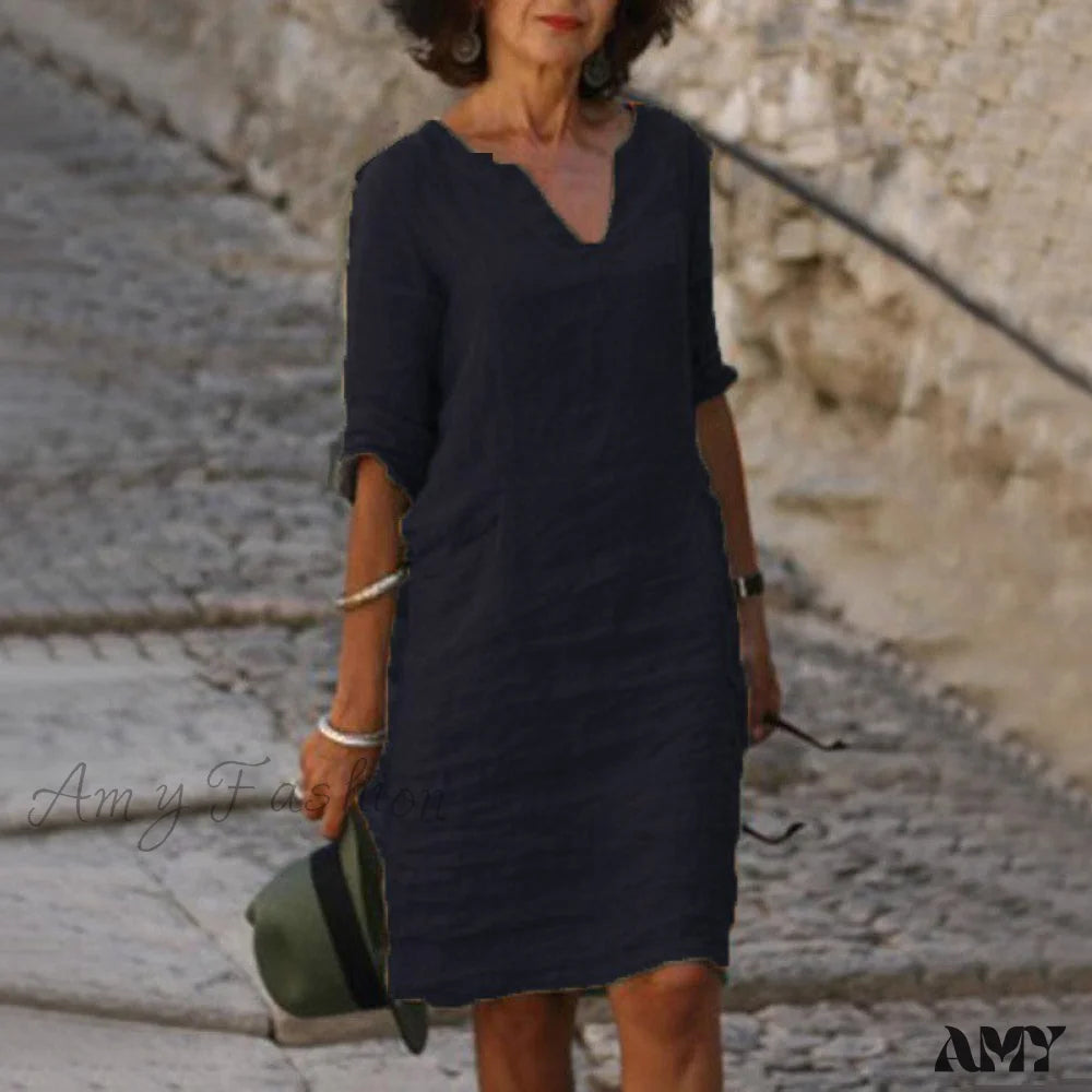 Amy Fashion - Short Sleeve Solid V Neck Baggy Dress