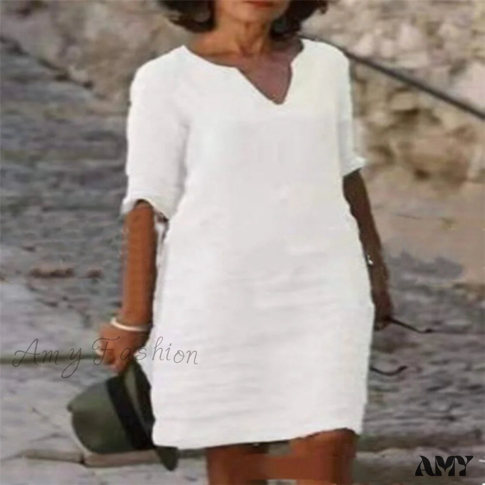 Amy Fashion - Short Sleeve Solid V Neck Baggy Dress