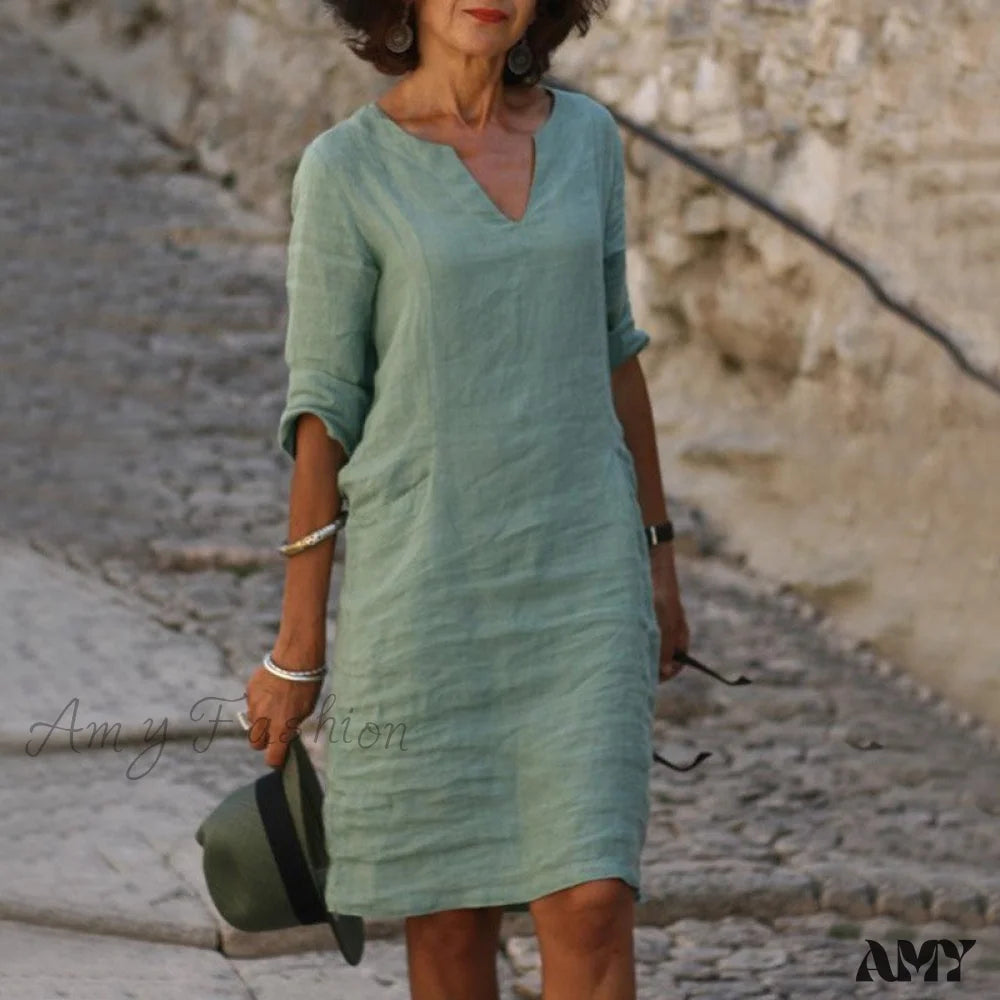 Amy Fashion - Short Sleeve Solid V Neck Baggy Dress 9 / 2Xl
