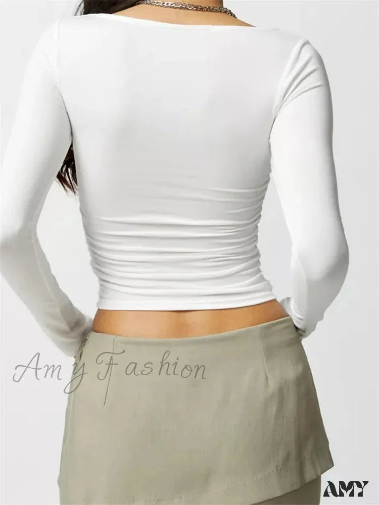 Amy Fashion - Short Solid Color Square Neck Long Sleeve Slim Fit T-Shirts