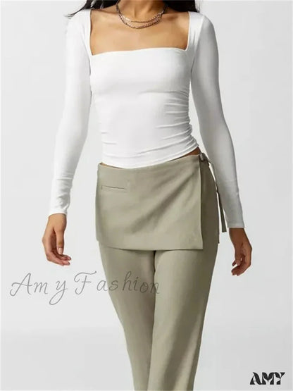 Amy Fashion - Short Solid Color Square Neck Long Sleeve Slim Fit T-Shirts White / S