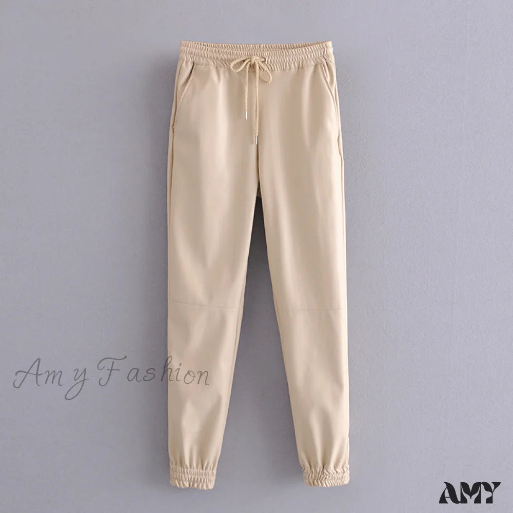 Amy Fashion - Side Pockets Faux Leather Jogging Pants As Picture / Xs