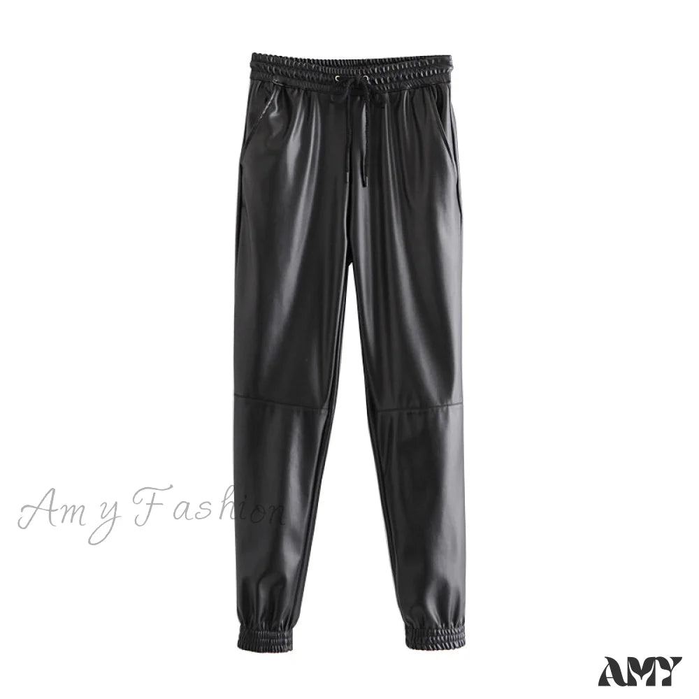 Amy Fashion - Side Pockets Faux Leather Jogging Pants Black / Xs