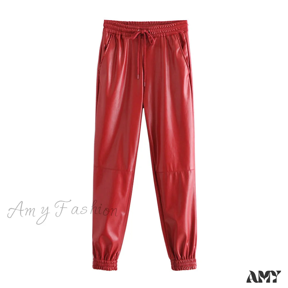 Amy Fashion - Side Pockets Faux Leather Jogging Pants Red / Xs