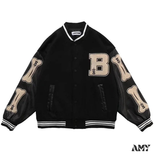 Amy Fashion - Simple Unisex Baseball Colleage Jacket Black / M