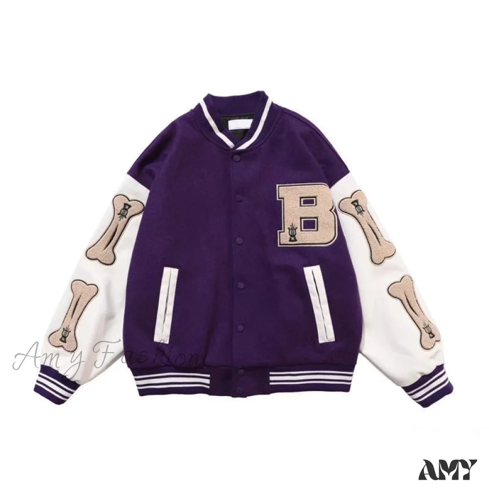 Amy Fashion - Simple Unisex Baseball Colleage Jacket Purple / M