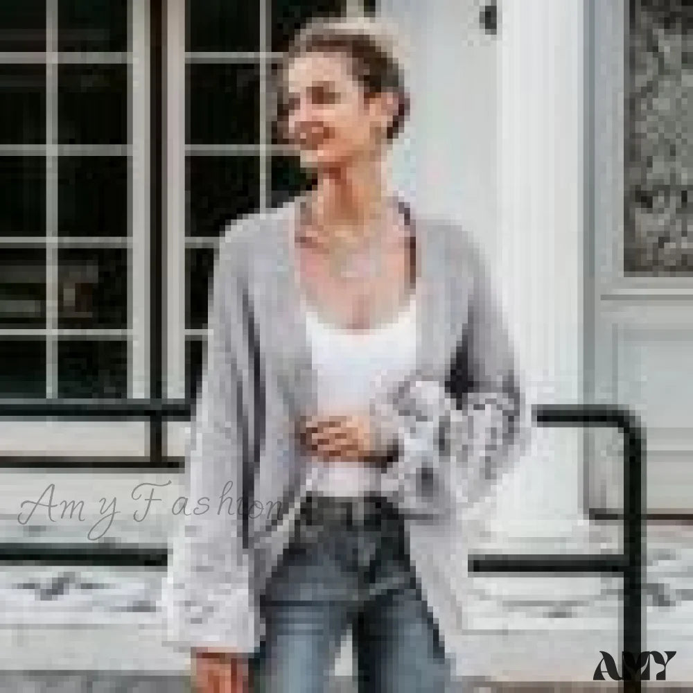 Amy Fashion - Simplee Loose Women Knitted Lantern Sleeve Cardigans Gray / S