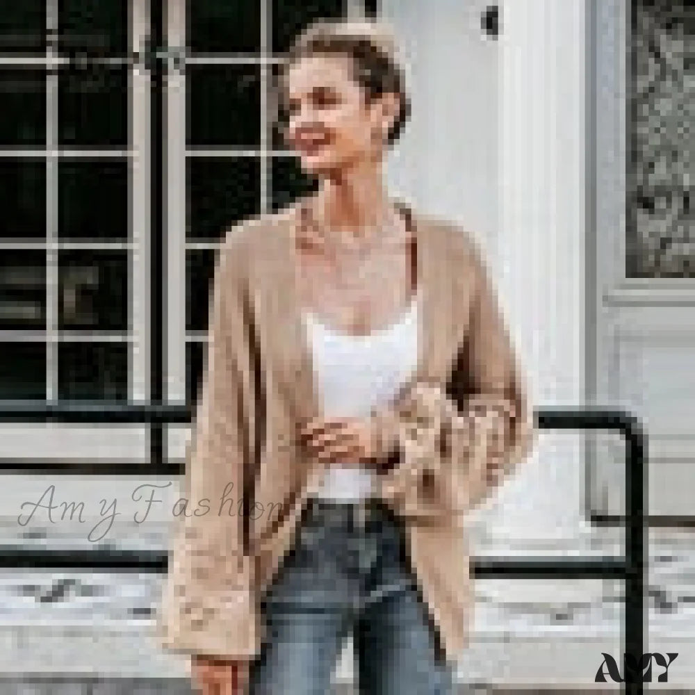 Amy Fashion - Simplee Loose Women Knitted Lantern Sleeve Cardigans Khaki / M