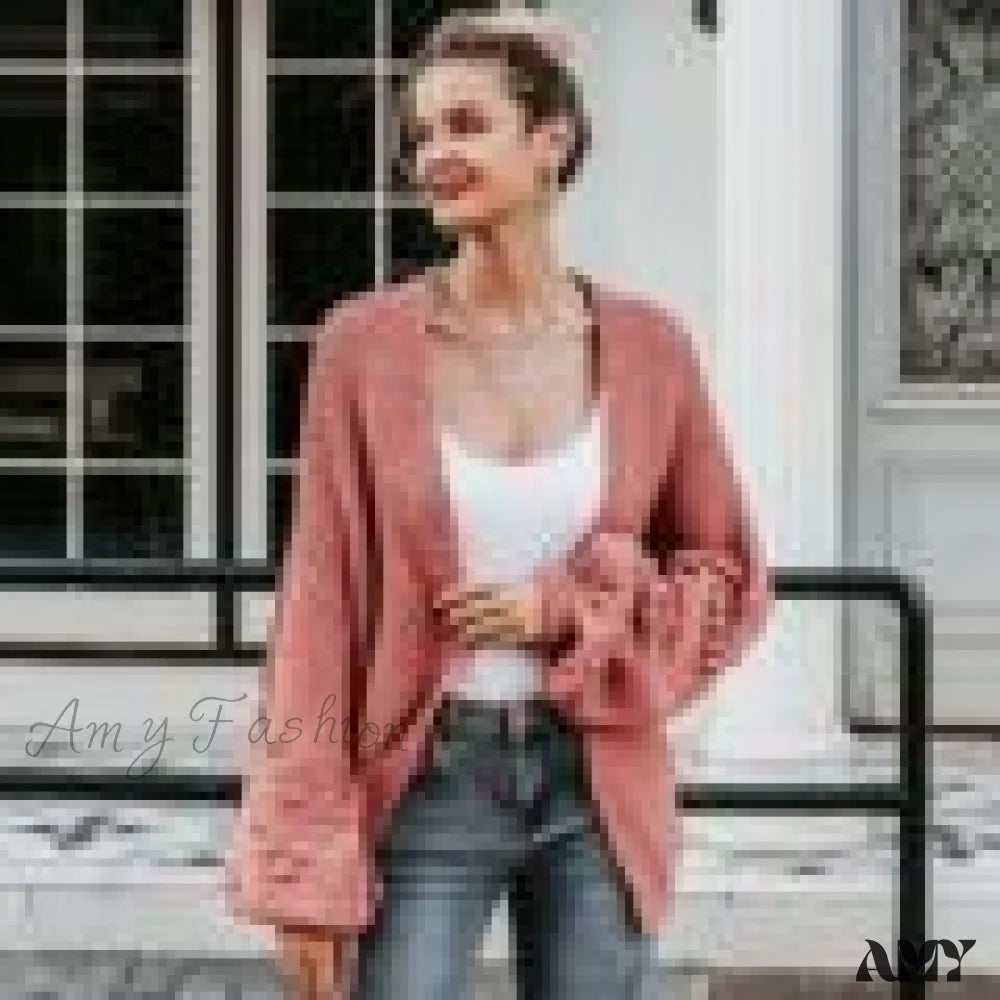 Amy Fashion - Simplee Loose Women Knitted Lantern Sleeve Cardigans Pink / L