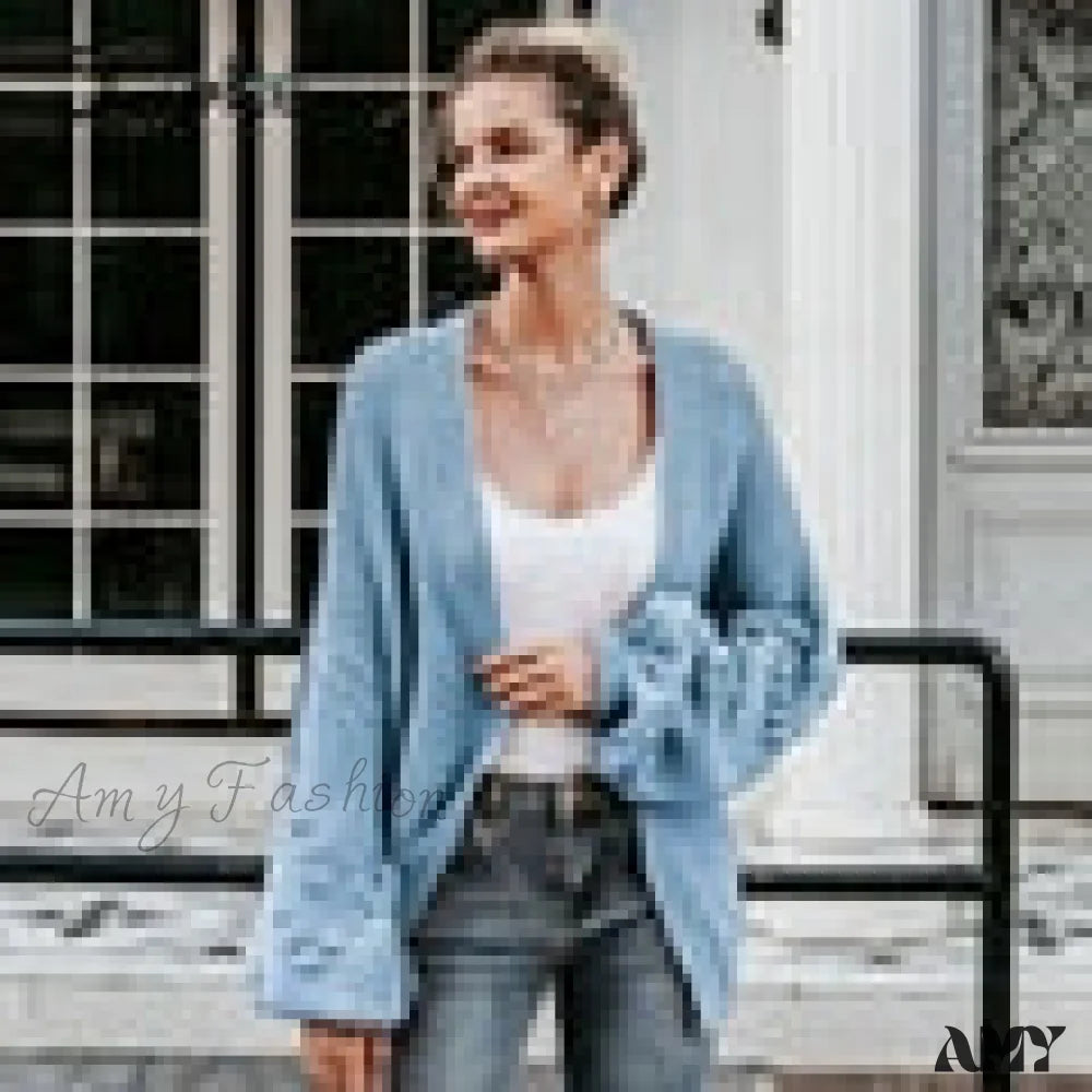 Amy Fashion - Simplee Loose Women Knitted Lantern Sleeve Cardigans Sky Blue / L