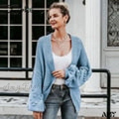 Amy Fashion - Simplee Loose Women Knitted Lantern Sleeve Cardigans Sky Blue / L