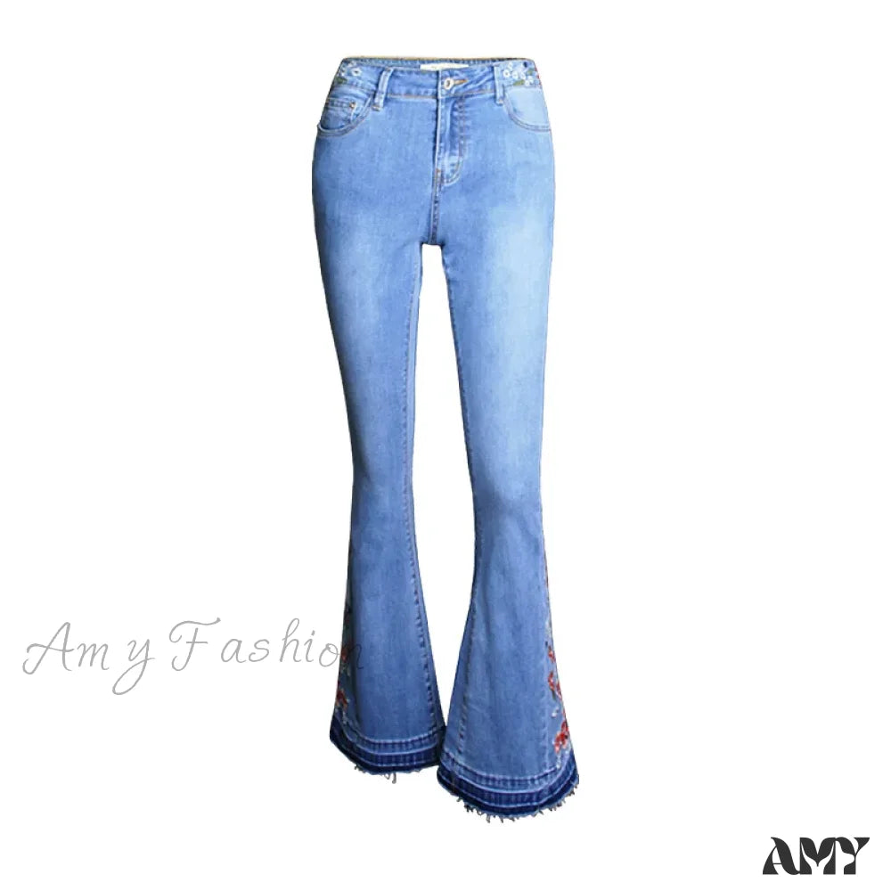 Amy Fashion - Size S-3Xl Elastic Embroidery Flare Blue Vintage Bell Bottom Skinny Wide Leg Denim