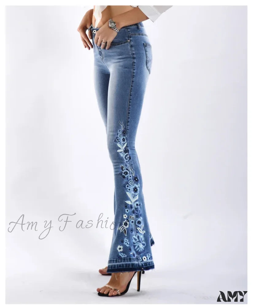 Amy Fashion - Size S-4Xl Elastic Flower Embroidered Flare Denim Autumn Retro Style Bell Bottom