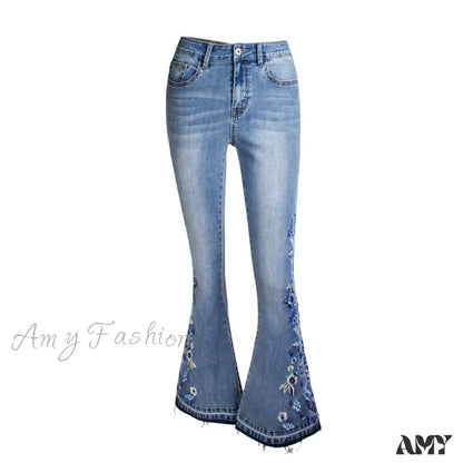 Amy Fashion - Size S-4Xl Elastic Flower Embroidered Flare Denim Autumn Retro Style Bell Bottom